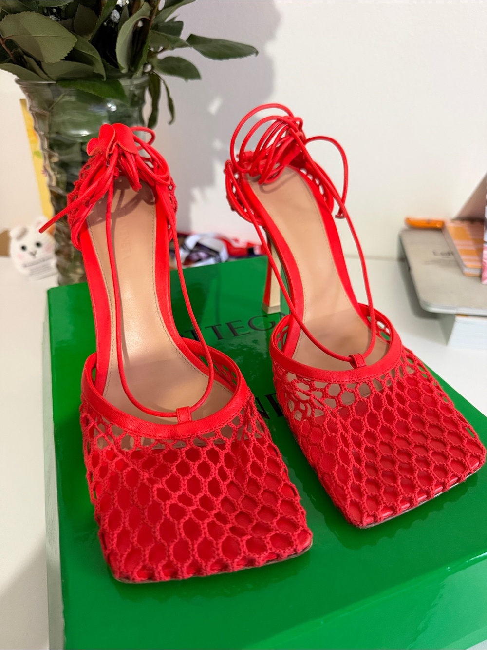 Bottega Veneta Red Lace Stretch sandal w/ Ankle-Tie High Heels